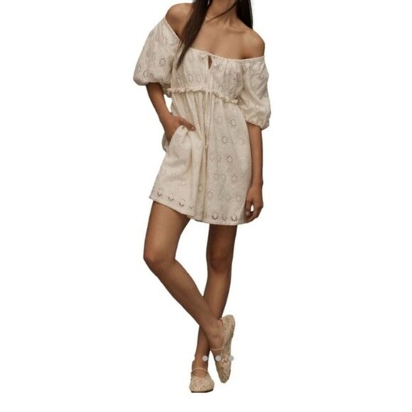 Anthropologie Small Pilcro Puff-Sleeve Eyelet Romper White MSRP $158 NWT - Picture 1 of 9